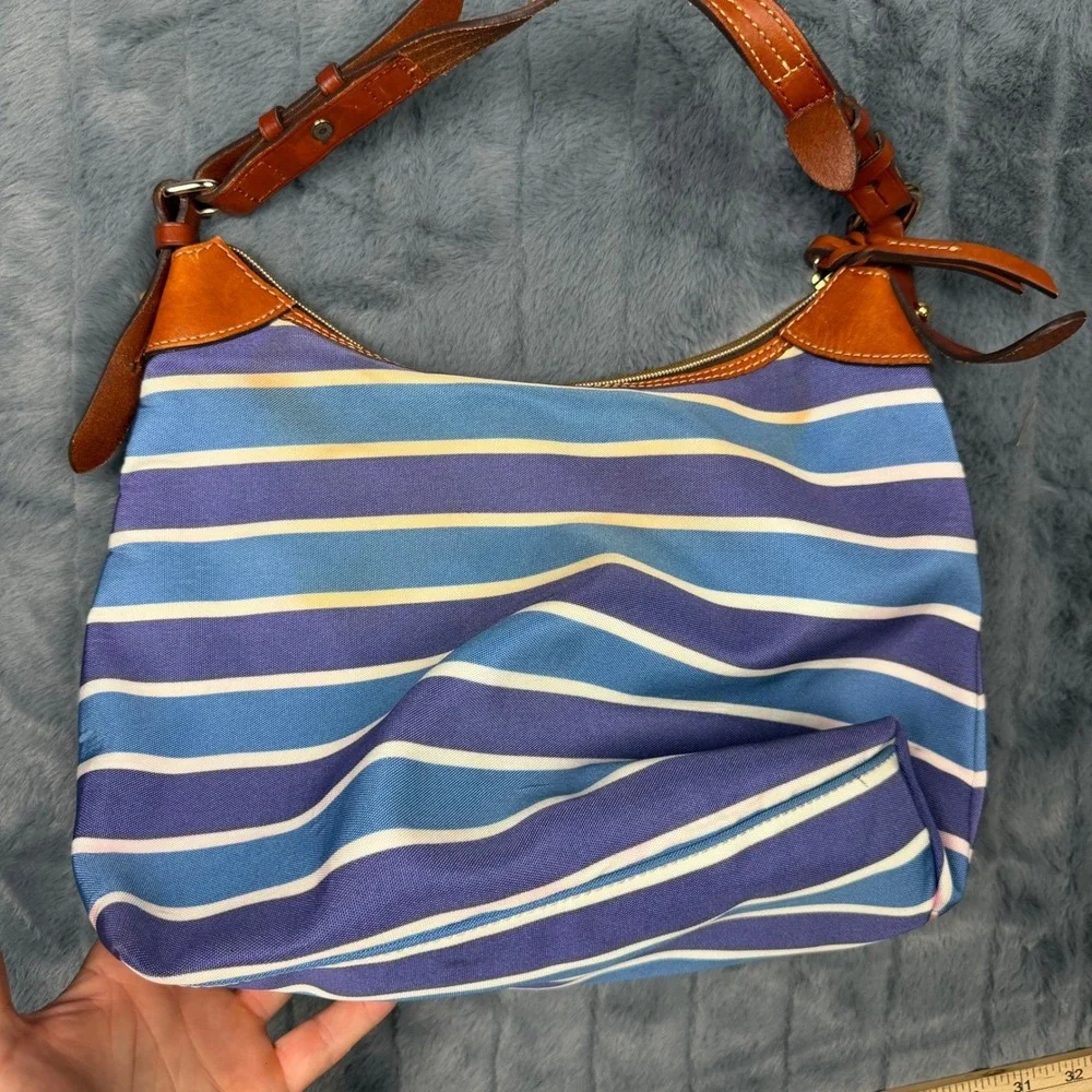 Dooney & Bourke Striped Canvas Hobo Bag Blue Purple Leather Trim Shoulder Bag